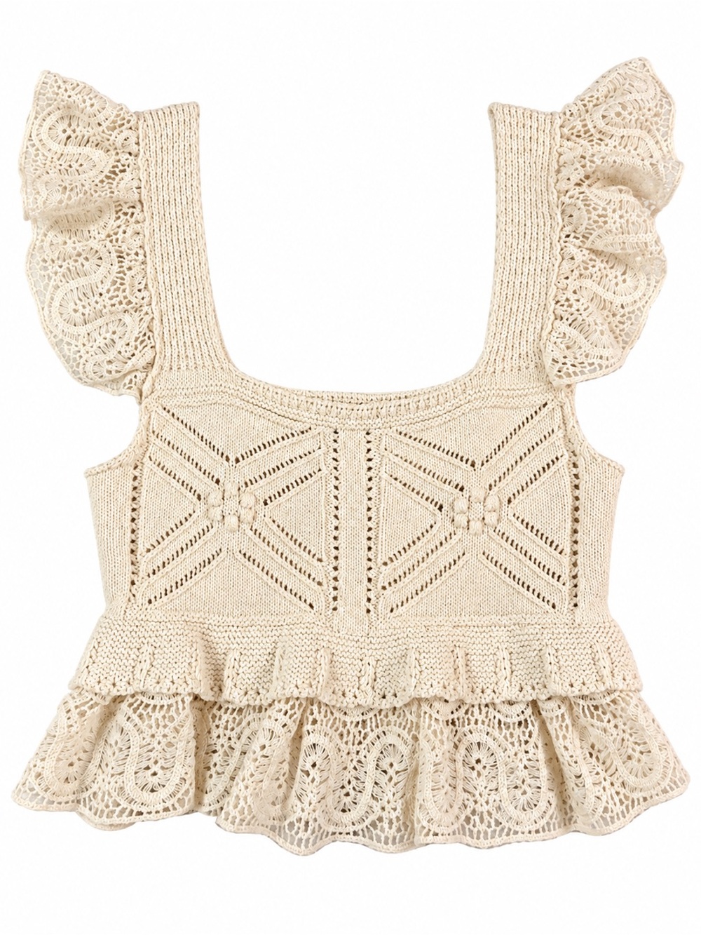 Zara Cream Crochet Knit Lace Ruffle Peplum Tank Top Medium